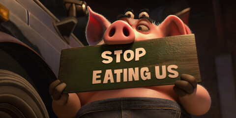 Witziges Schwein Cartoons demonstriert mit Hinweisschild bitte nicht essen