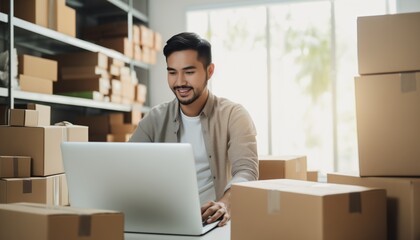 Small business entrepreneur home office. Young Asian male online seller using laptop checking customer order online.