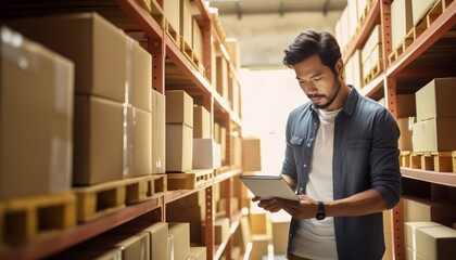 Young Asian man retail seller, entrepreneur, online store, small business owner checks stock and Inventory with digital tablet inside warehouse