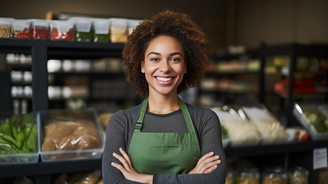 The image shows a joyful African-American woman with curly hair, wearing a green apron and standing in a grocery store.