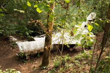 a destroyed and broken plane lies in the forest. plane with broken wings and broken windows after a plane crash