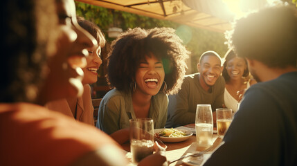 The image captures a group of joyful African friends enjoying a meal together outdoors.