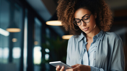 Woman with curly hair and glasses looking at her smartphone, dressed in a blue shirt, in an office setting with blurred background lights. - Powered by Adobe