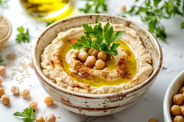 Traditional hummus from chickpea beans with oil in a bowl on white marble background