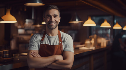 Fototapeta premium The image shows a smiling young man with arms crossed, wearing a brown apron in a cozy restaurant kitchen.