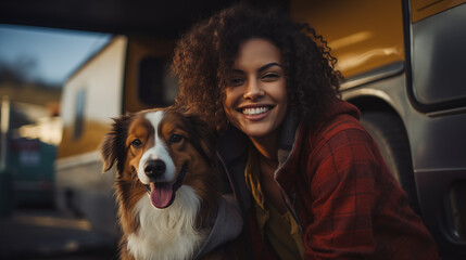The image captures a radiant young woman with curly hair and a beautiful smile, along with a happy dog.