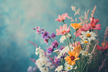 Fototapeta na wymiar Colorful summer flowers on blue background