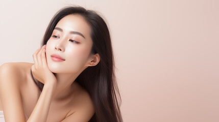The image showcases a young Asian woman with a serene expression, touching her face gently.