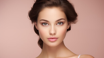 Fototapeta premium The image showcases a young woman with a serene and elegant demeanor, her delicate features complemented by subtle makeup.