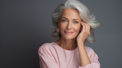 The image portrays a mature woman with silver hair and a confident, thoughtful expression, dressed in a soft pink blouse.