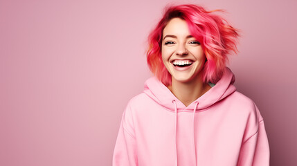 Fototapeta premium The image shows a beaming woman with vibrant pink hair and a pink hoodie, embodying joy and youthful exuberance.