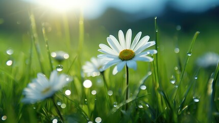 eauty of spring with an image of a daisy on a green sunny meadow.