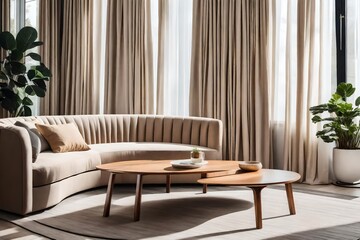 Stylish curved sofa and wooden coffee table near window dressed with beige curtains.