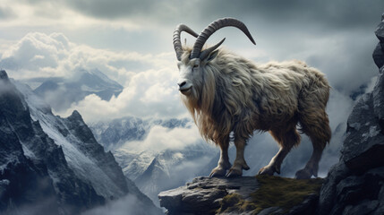 A mountain goat with long horns standing