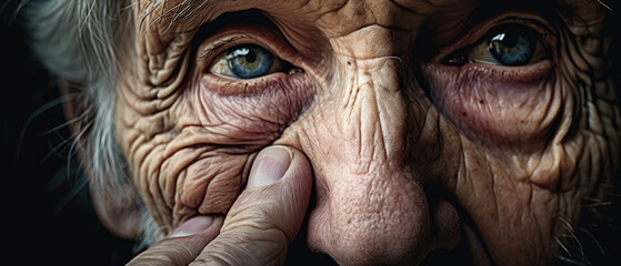 Profound close-up portrait of an elderly man, his weathered features and blue eyes telling a story of resilience and strength.