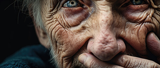 Profound close-up portrait of an elderly man, his weathered features and blue eyes telling a story of resilience and strength.