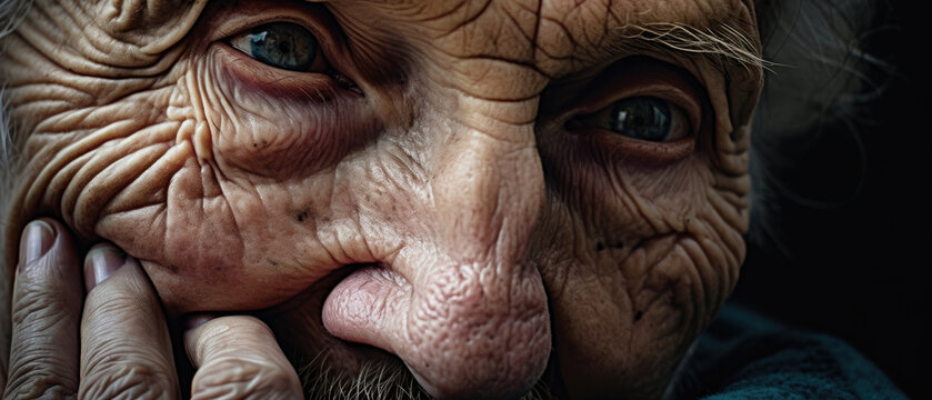 Profound Close-up Portrait Of An Elderly Man, His Weathered Features And Blue Eyes Telling A Story Of Resilience And Strength.