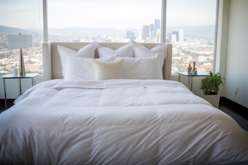 Neatly made bed with white bedding in room with city view.