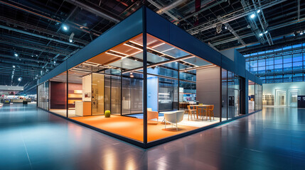Building, montage, 3d project, installation trade show exhibition stand in pavilion.
