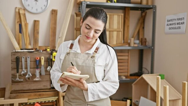 A focused hispanic woman in a carpentry workshop noting details on a notepad.