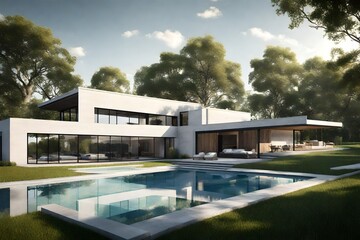 Fototapeta premium A modern farmhouse with swimming pool, featuring sleek lines and contemporary architecture, contrasted by the surrounding lush green pastures
