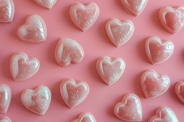 Obraz premium Heart shaped shiny hard sugar candy pattern on a pastel pink background for Valentines Day