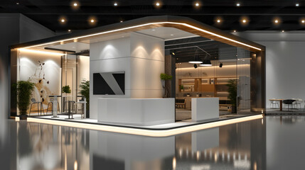 Building, montage, 3d project, installation trade show exhibition stand in pavilion.