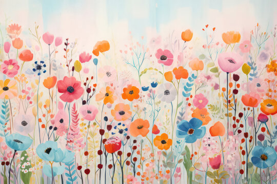 Colorful Floral Blossoms on a Meadow: A Vibrant Springtime Artistic Illustration