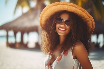 Happy smiling Caribbean girl on sunny exotic beach with palm trees