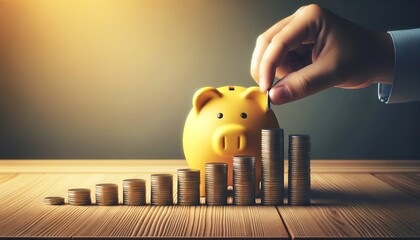 Bright piggy bank with rising coin stacks symbolizing savings growth, financial planning, and personal wealth accumulation.