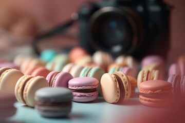 Colourful french macaron and SLR camera on pink background-Side view - obrazy, fototapety, plakaty