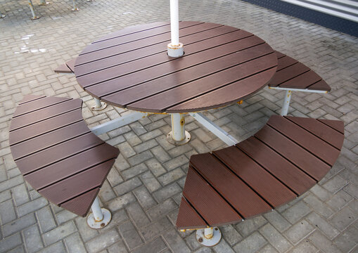 Outdoor cafe table and benches made of composite decking boards