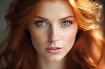 Fototapeta premium face of a red-haired girl, good detail of the facial skin, eyes in focus, in the style of serenity and calmness