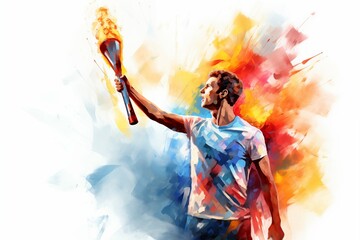 A male athlete holding the Olympic flame in the style of a watercolor drawing, an illustration of a burning torch, the concept of the international sports games - obrazy, fototapety, plakaty