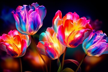 Multicolored decorative colorful tulips, illuminated by neon light, shimmer with bright colors of the rainbow