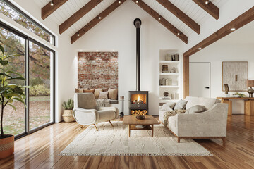Elegant living room interior with fireplace, hardwood flooring, beautiful furniture and rafter ceiling, 3d rendering 