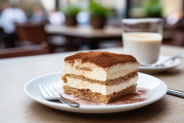 Italian dessert tiramisu on a white plate on a table in a cafe soft background