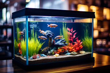 colorful fish in aquarium on table on soft background