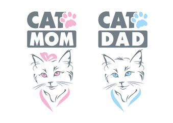 Cat MOM and cat DAD. Two cute designs isolated on white