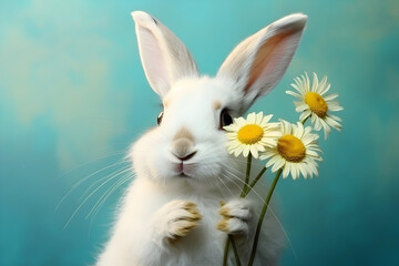 Obraz premium rabbit on a blue background with daisies. place for text