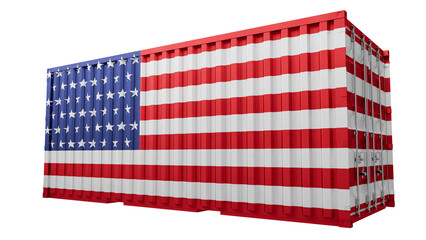 Shipping container with US flag on transparent background. PNG of a cargo with American flag. 3d rendering