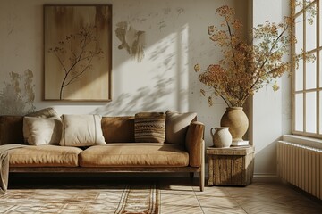 Aesthetic composition of cozy living room interior with mock up poster frame, brown sofa, patterned pillow, beige pitcher, vase with branch and personal accessories. Home decor. Template.