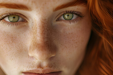 face of a red-haired girl, good detail of the facial skin, eyes in focus, in the style of serenity and calm, monsù desiderio