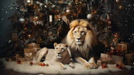 Amazing lion and lioness posing over new year