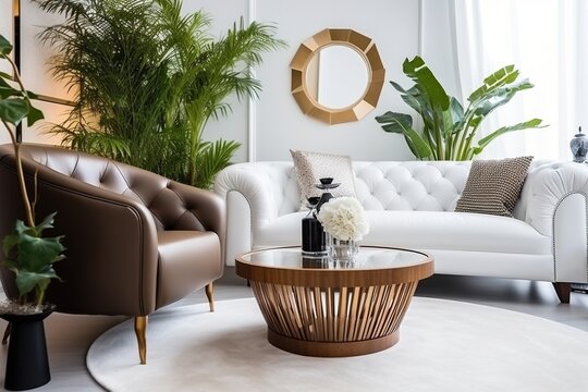 brown leather chair and white tufted sofa in a bright living room