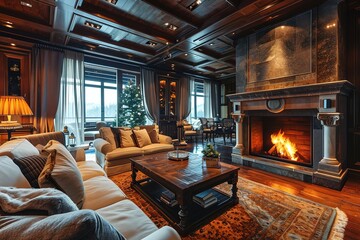 Beautiful living room interior design with fireplace