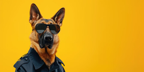 Obraz na płótnie Canvas A German Shepherd, dressed as a security officer, stands confidently with sunglasses, offering wide banner space for text.