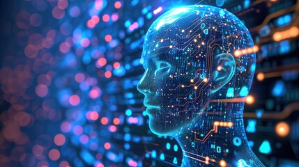 A profile view of a digital human face interwoven with intricate electronic circuitry, symbolizing advanced artificial intelligence