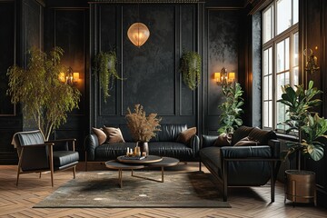 Black sofa and armchairs against of black classic paneling wall. Art deco style interior design of modern living room | - obrazy, fototapety, plakaty