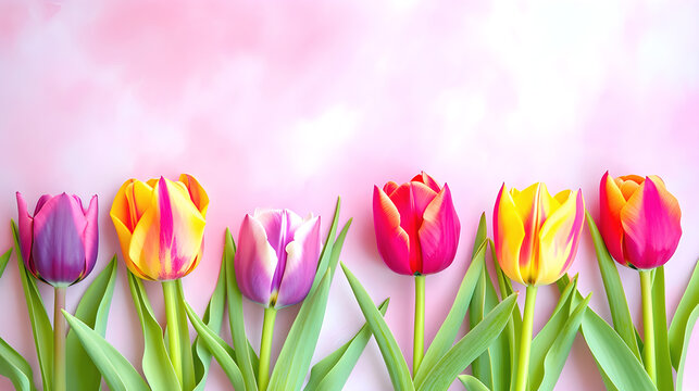 Abstract background of colorful tulips on blurred pink background. Advertising project for Valentine's Day or Mother's Day. Copy space